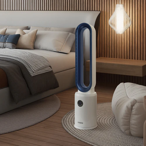 Haden bladeless tower fan used in a modern bedroom setting