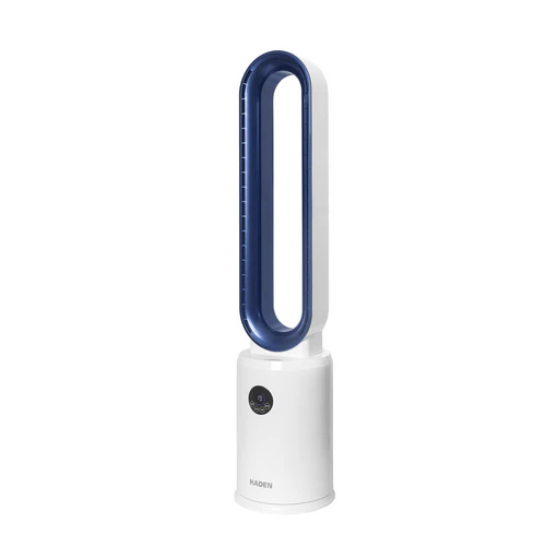 Front view of the Haden bladeless tower fan in blue and white finish