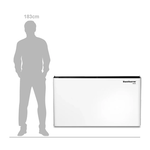 Dantherm DH 65 wall-mounted dehumidifier shown next to 183cm tall person for size comparison