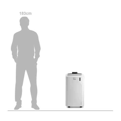DeLonghi Pinguino PAC EM82 9400 BTU portable air conditioner shown next to 183cm tall person for size comparison