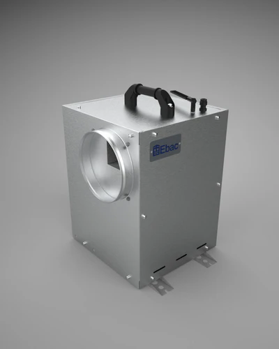 Top left view of Ebac loft mounted dehumidifier showing intake and discharge connections