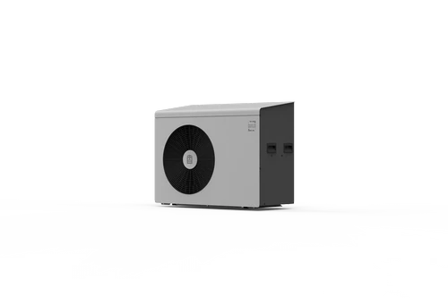 Angled view of Ebac 5kW air source heat pump in white and grey finish