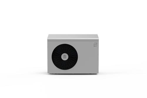 Front view of Ebac 5kW air source heat pump in white and grey finish