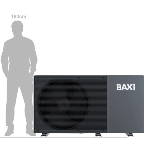 Scale comparison showing the Baxi HP60 air source heat pump beside a 183 cm tall adult silhouette, illustrating the unit's overall size.