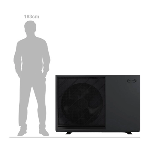 Grant Aerona 290 12kW air source heat pump size comparison with a 183cm adult
