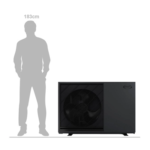 Grant Aerona 290 4kW air source heat pump shown alongside a 183cm tall person for size comparison