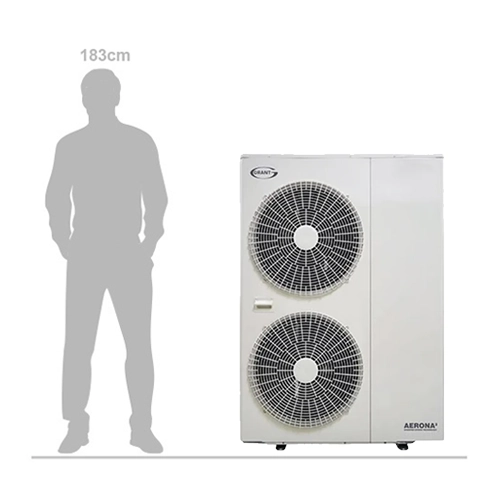 Grant Aerona³ 13kW air source heat pump shown beside a 183cm person for scale