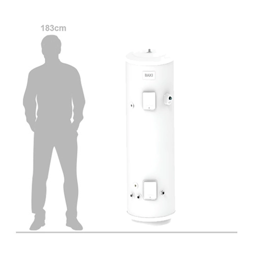 Baxi 250L air source heat pump cylinder shown to scale beside a 183cm person