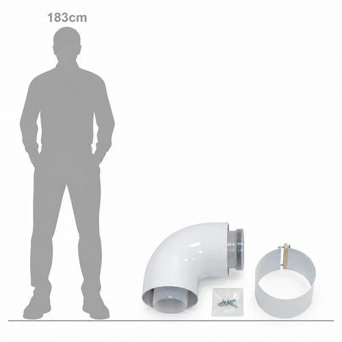 Vaillant HE 100mm 90° Flue Elbow 303910 with fixing collar and screws, shown alongside a 183cm human silhouette for size comparison.