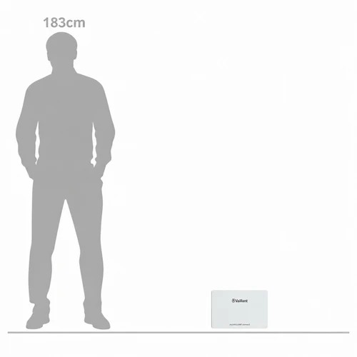 Vaillant VR940F myVAILLANT Connect Internet Gateway 0010037346 shown alongside a 183cm human silhouette for size comparison.