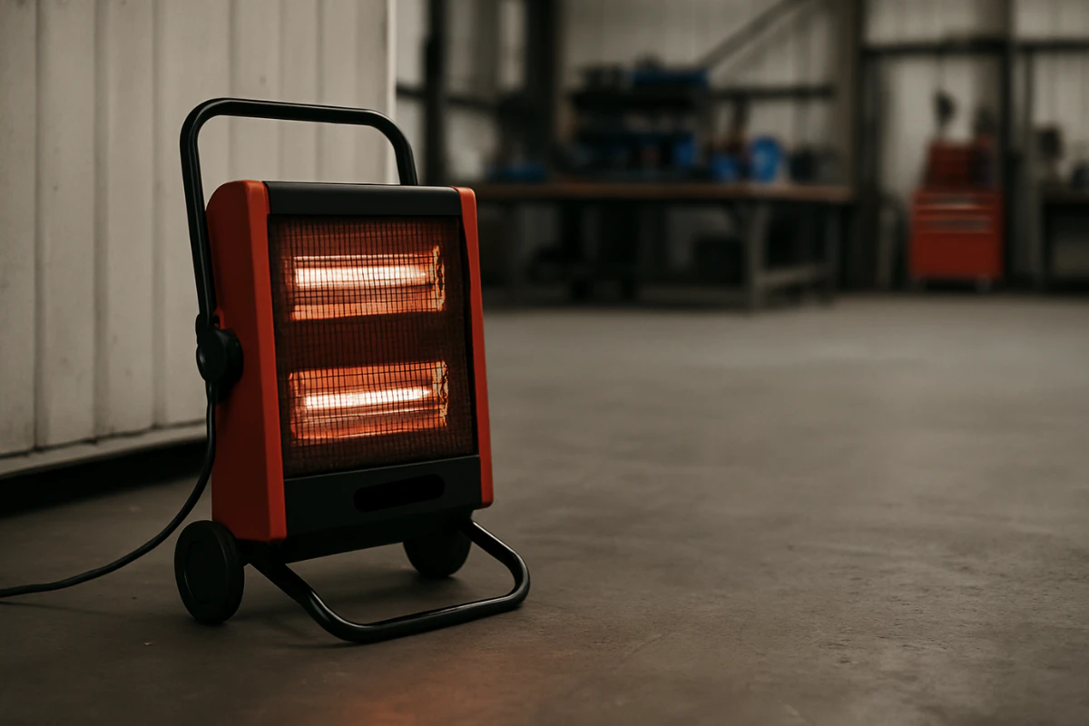 Portable infrared heater providing radiant heat in an industrial workshop