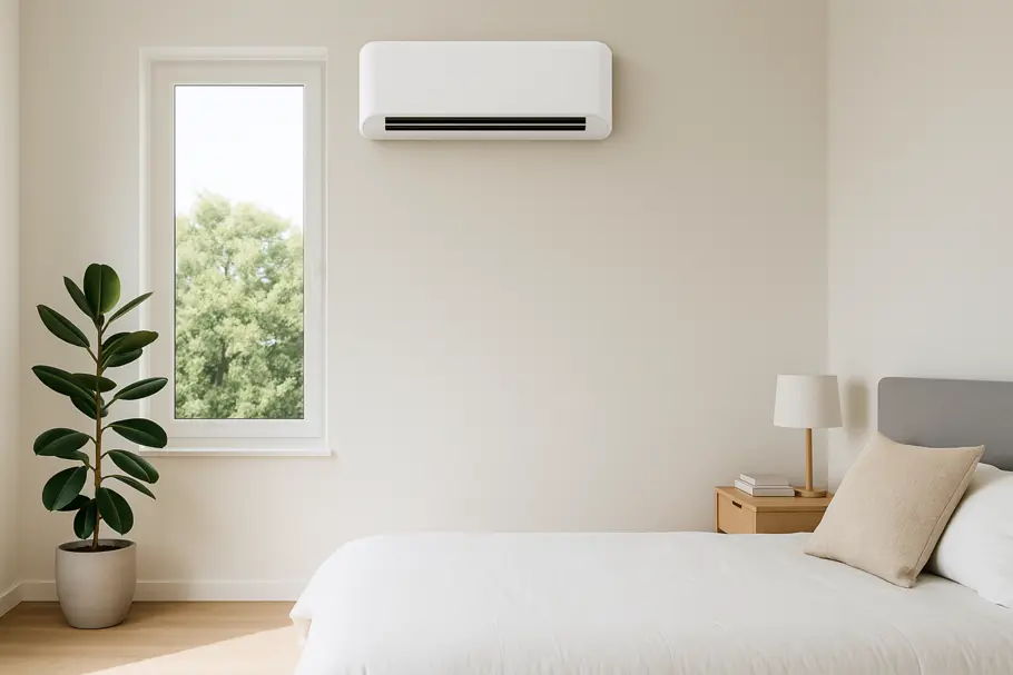 small AC in compact modern bedroom wall-mounted high. small AC in compact modern bedroom