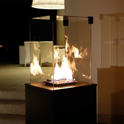 Kratki Real Flame Patio Heater - Black Glass Base Panels - Remote Control